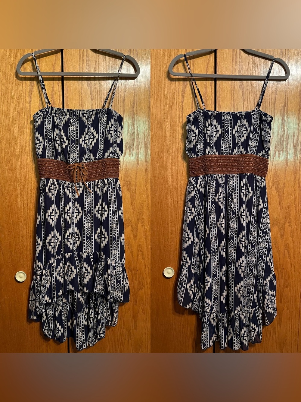 Rue21 Navy Blue and White Aztec High-Low Dress with Brown Belt